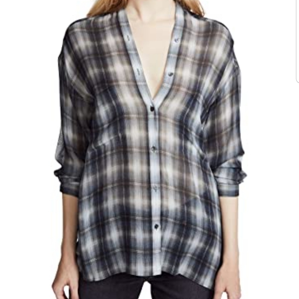 Vince Twilight Shadow Plaid Silk  V-neck Long Sleeve Tunic Top Sz XL - Picture 2 of 14